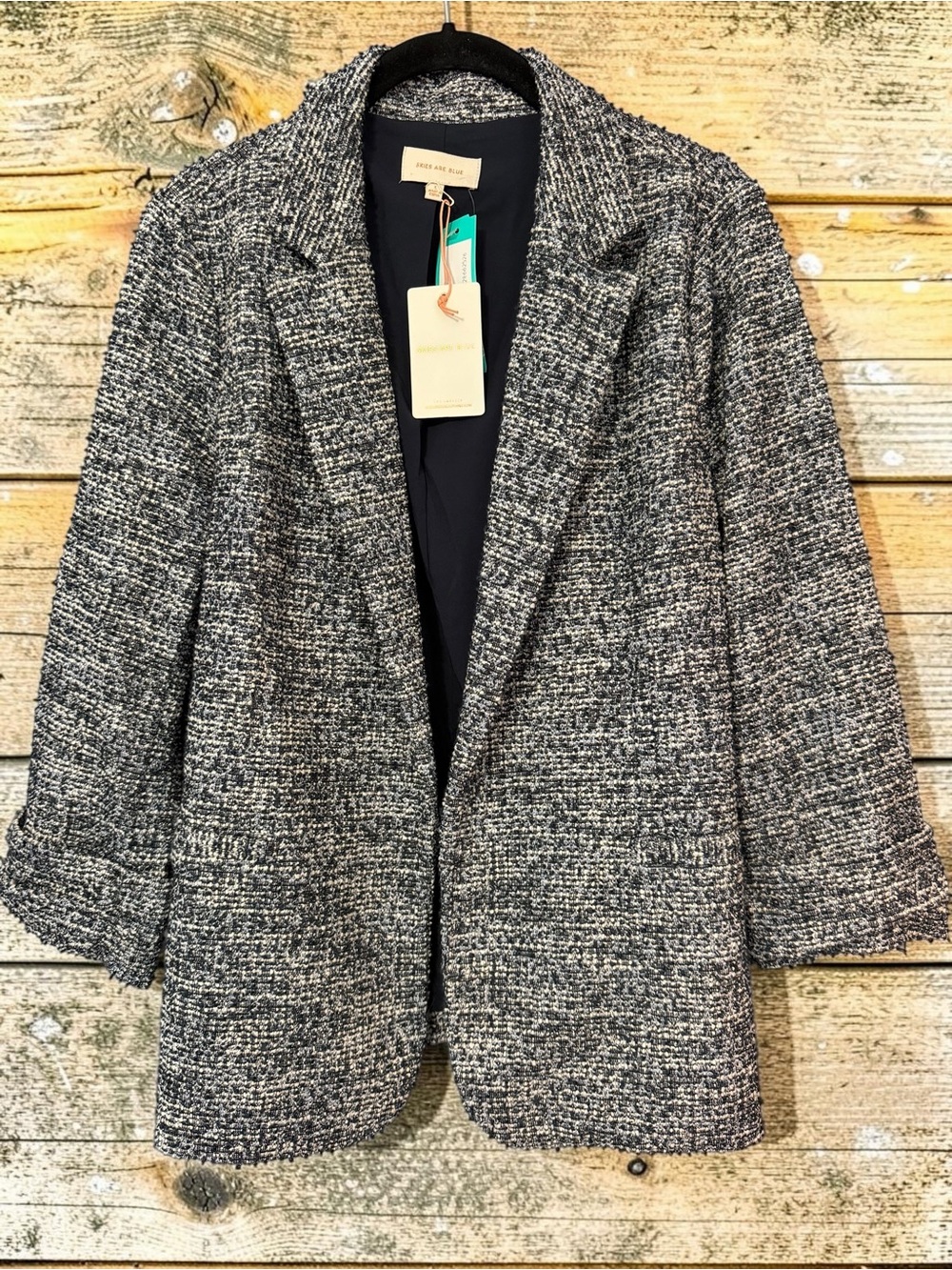 NWT Skies Are Blue Tweed Blazer L Navy Cream Boucle Frayed Hem Chanel-Style